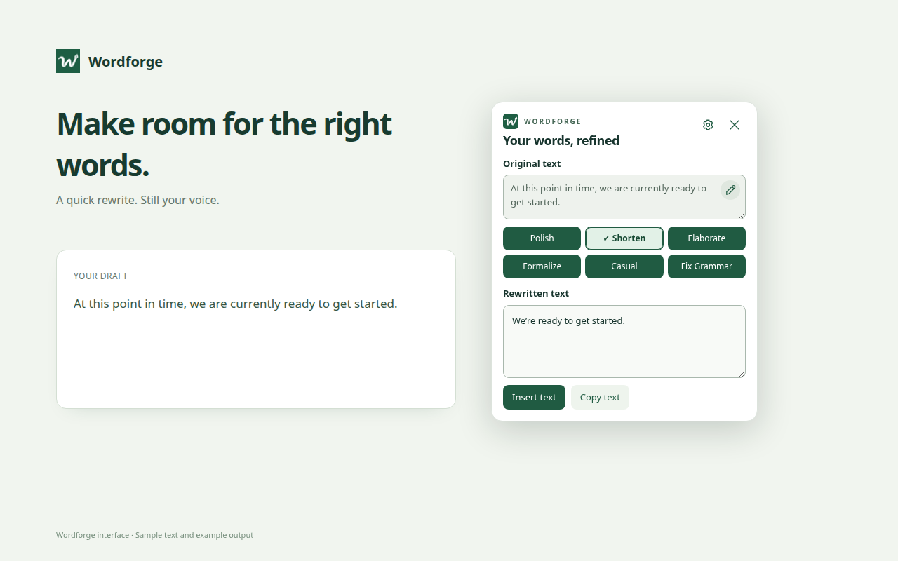 Wordforge rewrite modal with original text, six writing actions, a shortened result, and Insert text control